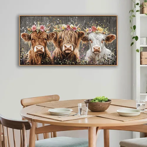 Vista 2 de AJAZIKO Arte de Pared de Vaca de las Tierras Altas - Decoración de Pared de Granja y Campo Rústico, Cuadros Grandes en Lienzo para Sala de Estar