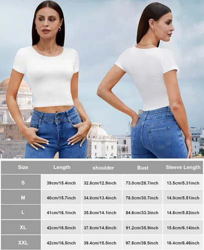 Vista 6 de Paquete de 4 camisetas cortas básicas ajustadas de manga corta para mujer, lindas camisetas cortas de moda con cuello redondo para mujeres