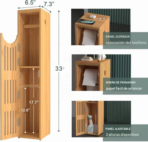 Vista 4 de AmazerBath Gabinete de Almacenamiento de Papel Higiénico de Bambú, Portarrollos de Papel Higiénico con Almacenamiento para Espacios Pequeños