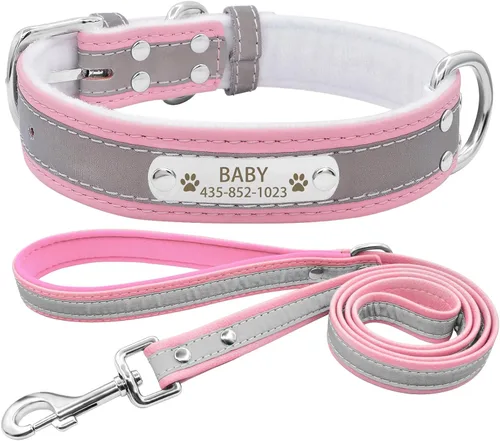 Vista 24 de Collar de perro de cuero reflectante personalizado con forro cálido, collar de perro personalizado con placa de nombre grabada para perros y gatos