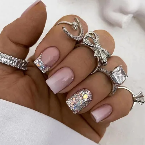 Vista 21 de Uñas postizas a presión de mariposa - Uñas falsas cortas cuadradas con diseños en relieve 3D, punta francesa blanca, acabado mate, acrílico rosa