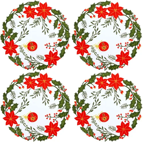 Vista 2 de Simhomsen Juego de 4 posavasos bordados para mesa redonda de Pascua de Navidad (Poinsettia B)