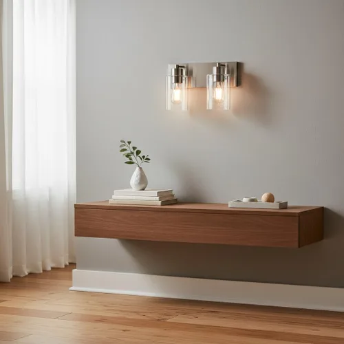 Vista 7 de Lámparas de baño, lámpara de tocador de 2 luces de níquel cepillado, apliques de pared modernos con pantalla de vidrio transparente para pasillo