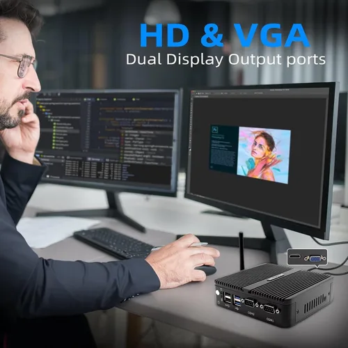 Vista 2 de WEIDIAN Mini PC sin ventilador, PC industrial, mini computadora J5005(hasta 2.8 GHz), salida de pantalla dual 4K HD+VGA, 2 Gigabit Ethernet, 4USB