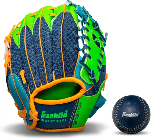 Vista 6 de Franklin Sports Guantes Meshtek + pelota para niños Azul marino/Lima/Naranja