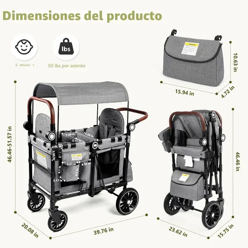 Vista 9 de Kinder King Cochecito Wagon para 2 niños, ruedas que absorben los golpes Gris
