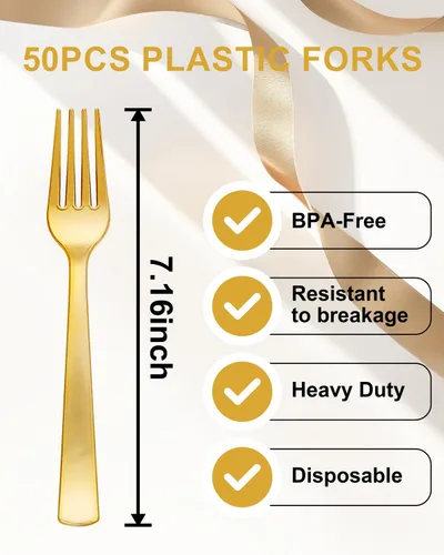 Vista 2 de YOUBET 50 tenedores de plástico dorado – Tenedores de plástico resistentes – cubiertos desechables dorados sólidos y duraderos para fiestas, picnic