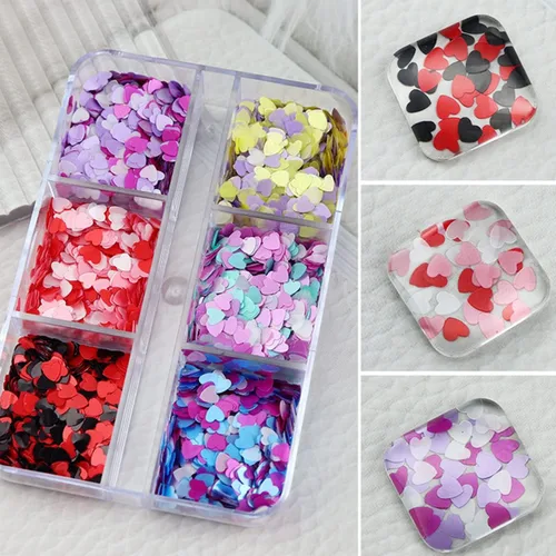 Vista 2 de Calcomanías de uñas con purpurina en forma de corazón 3D, diseño brillante para decoración de uñas acrílicas, dijes, decoración de uñas, accesorios