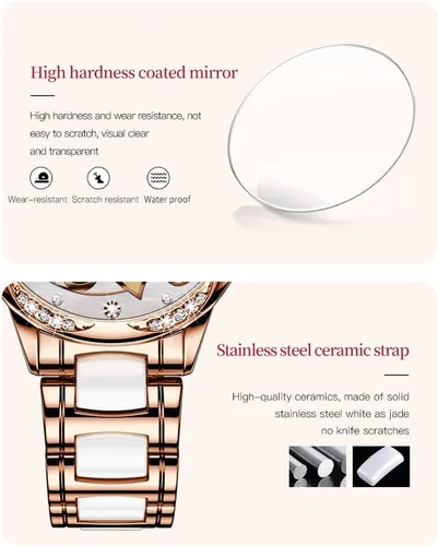 Vista 5 de OLEVS Relojes automáticos de oro rosa para mujer, diseño de esqueleto, mecánico, de cuerda automática, elegante vestido de lujo para mujer