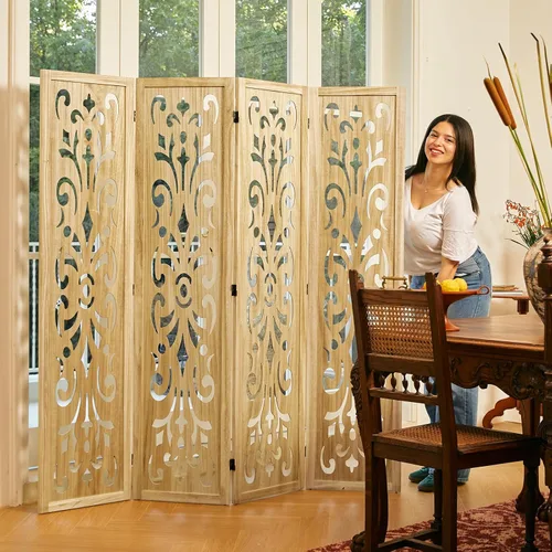 Vista 7 de Divisor de ambientes de 5.6 pies, pantalla de división tallada clásica de madera plegable para el hogar, oficina, jardín, 4 paneles (natural)