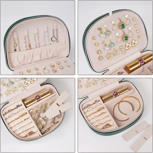 Vista 3 de ProCase Joyero de tamaño de viaje, pequeño estuche de joyería portátil en forma de concha, mini organizador de joyas de 2 capas en piel sintética