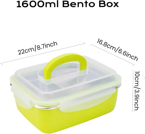 Vista 4 de CARTINTS Caja Bento grande de acero inoxidable de 54 onzas para adultos – Fiambrera metálica a prueba de fugas de 54.1 fl oz con 2 compartimentos