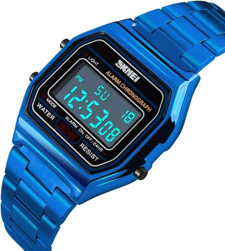 Vista 6 de PASOY - Reloj digital de acero inoxidable con retroiluminación, multifunción, cronómetro, resistente al agua, para hombre