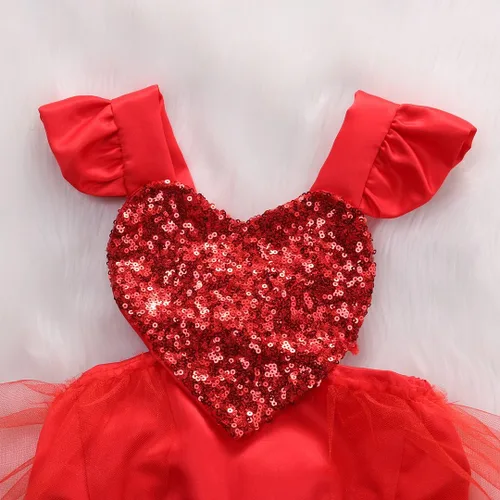 Vista 5 de Muasaaluxi Mameluco de San Valentín para niñas recién nacidas, vestido de tutú con manga volada, corazón y lentejuelas, traje de verano 0-3 años