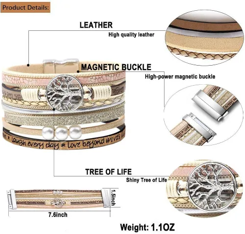Vista 4 de Pulseras inspiradoras de cuero con árbol de la vida para mujeres, regalos de joyería para adolescentes y niñas, Metal, Circonita cúbica