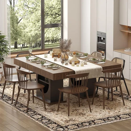 Vista 5 de Mesa de comedor para 4-6 personas, mesa de comedor de 55 pulgadas con cajones y almacenamiento abierto, base de pedestal de madera, mesa rectangular