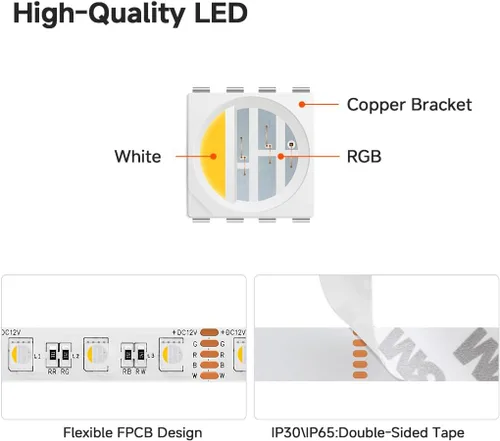 Vista 4 de BTF-LIGHTING 5050 RGBW RGB+Blanco Cálido(2700K-3000K) 4 colores en 1 tira de luz LED DC12V 5m 16.4 pies 60LED/m Multicolor IP30 Blanca 12mm PCB