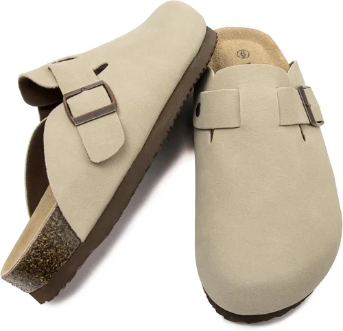Vista 3 de Zuecos de ante con plantilla de corcho, sandalias de patata, mules de confort con soporte de arco, chanclas cómodas de slip on