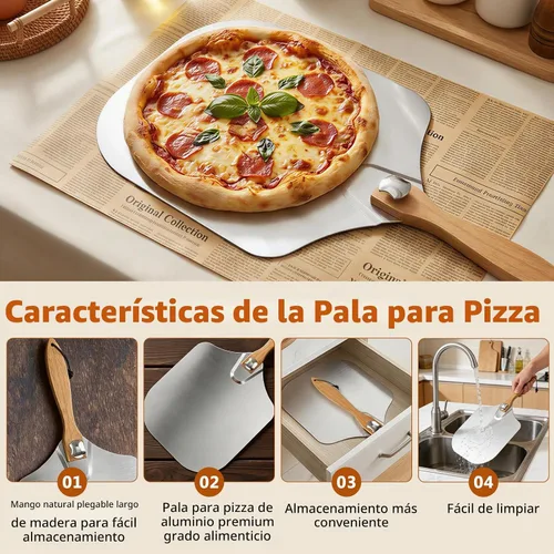 Vista 3 de Juego de Pala y Bandeja para Pizza, 7 Piezas de Accesorios para Horno de Pizza, Pala de Pizza de Metal de 12 Pulgadas (12"x 14") con Mango de Madera