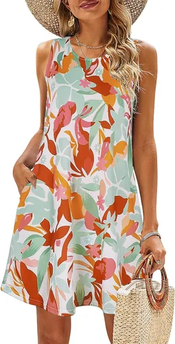 Vista 76 de SimpleFun - Vestidos de verano para mujer, camiseta floral, vestido de playa de estilo bohemio, informal, con bolsillos y sin mangas