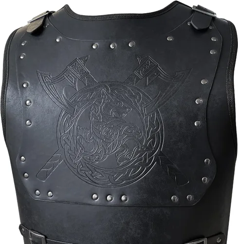 Vista 2 de HiiFeuer Viking Warrior - Armadura de pecho de piel sintética, armadura de cuero retro de caballero, armadura medieval para LARPCosplay (negro hacha)
