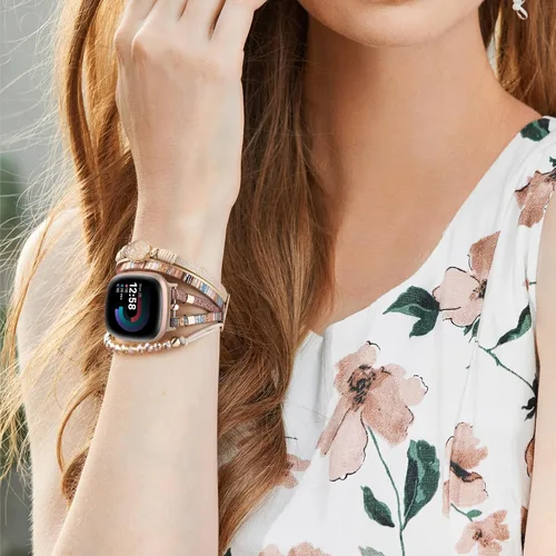 Vista 4 de VISOOM Pulsera bohemia con cuentas compatible con Fitbit Versa 2/Fitbit Versa/Versa Lite, correas de cuero a la moda, linda, hecha a mano, multicapa