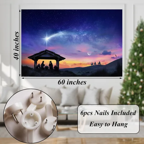 Vista 5 de LB Tapiz de Natividad de Jesús, tres hombres sabios, tapiz para colgar en la pared, tapiz de estrella de Belén, póster cristiano de Navidad