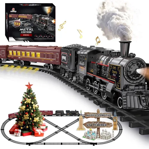 Vista 10 de Juego de tren para niños con control remoto, juguetes de tren con locomotora de vapor, tanque de combustible y pistas de lujo, trenes eléctricos