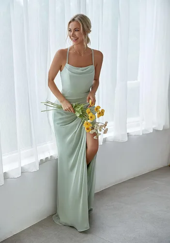 Vista 5 de Vestidos de dama de honor de tul para mujer con abertura, tirantes delgados, vestido de noche formal, plisado, acampanado, maxi vestido