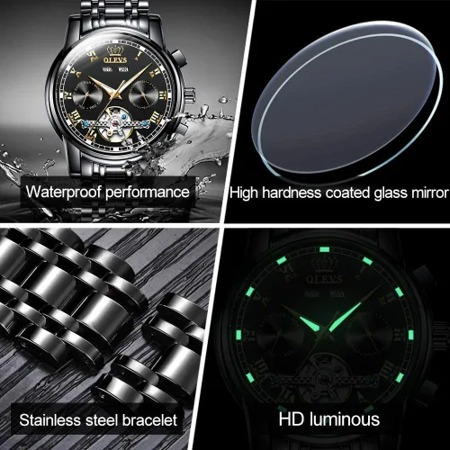 Vista 5 de OLEVS Relojes automáticos mecánicos Tourbillon de acero inoxidable para hombre, impermeables, luminosos, de lujo, relojes de pulsera