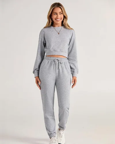 Vista 4 de BTFBM Conjunto deportivo de 2 piezas para mujer, camiseta corta de manga larga, sin botones, pantalón con cordón ajustable, pantalones deportivos