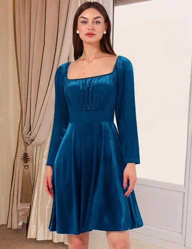 Vista 5 de Wedtrend Women's Velvet Dress Square Neck Mini Party Dress Long Sleeve Cocktail Dress