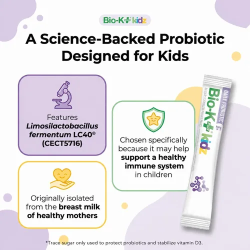 Vista 6 de Bio-K+ Kidz - Polvo probiótico para niños con vitamina D3, estable en el estante, sin OMG, sin gluten, 28 paquetes de una sola porción