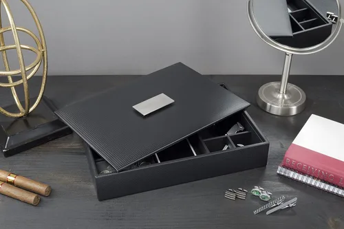 Vista 6 de Glenor Co Bandeja de valet para hombre, organizador de aparador y tapa, caja de accesorios de joyería de lujo con 6 ranuras, diseño de fibra
