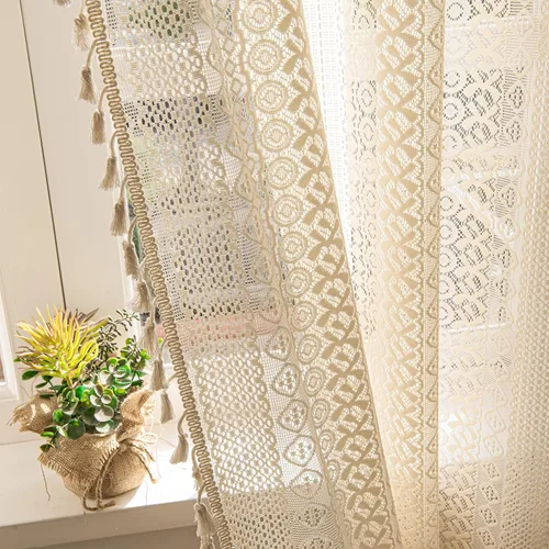 Vista 6 de Sutuo Home 2 paneles de cortinas bohemias de 63 pulgadas de largo para dormitorio, tratamientos de ventana bohemias de encaje de ganchillo Geometría