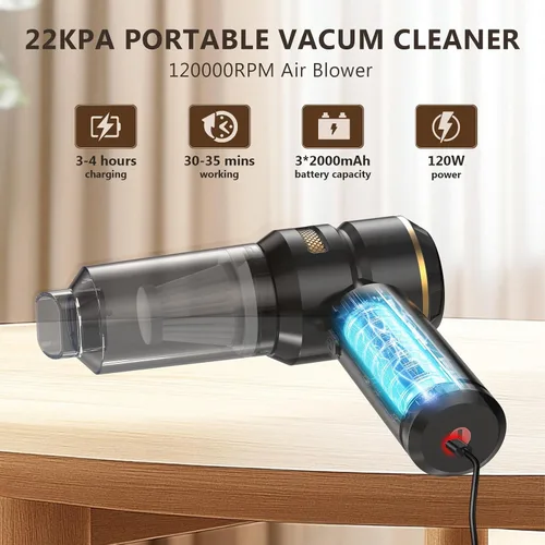 Vista 3 de Aspiradora de mano inalámbrica para automóvil, succión fuerte de 22000 Pa con motor sin escobillas, filtro HEPA, filtro de metal lavable adicional
