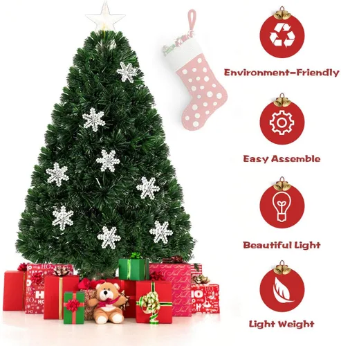Vista 6 de Goplus Árbol de Navidad artificial de fibra óptica preiluminado de 3 pies, con luces LED multicolor y copos de nieve (3 pies)