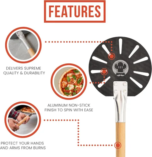 Vista 3 de Chef Pomodoro Pala giratoria de aluminio para pizza con mango de madera para un fácil almacenamiento, espátula perforada para pizza, paleta gourmet