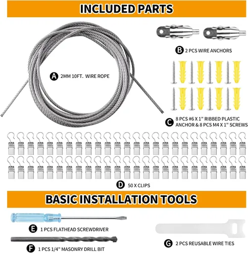 Vista 3 de Expositor de arte para niños, kit para colgar cuadros en la pared con 50 clips, alambre de 10 pies, adecuado para foto/imagen, almacenamiento