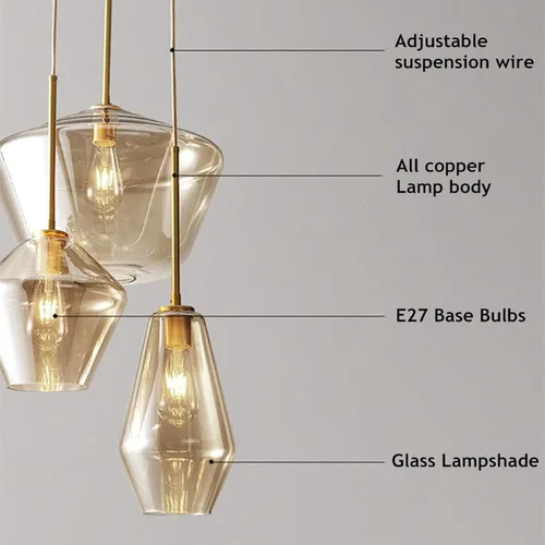 Vista 8 de Lámpara colgante de cristal con 3 cabezales, color dorado champán
