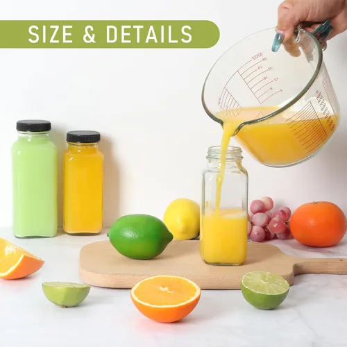 Vista 6 de Botellas de vidrio para jugo de 8 onzas con tapas, paquete de 6, botella de agua reutilizable, botellas de jugo para batidos, leche, almacenamiento