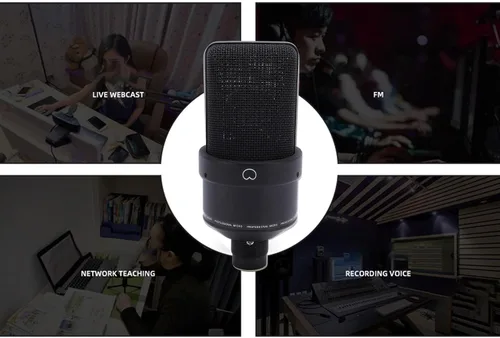 Vista 4 de Micrófono de condensador de estudio, micrófono de diafragma de 1.024 in con soporte de choque XLR cable parabrisas para grabación de podcasting Negro