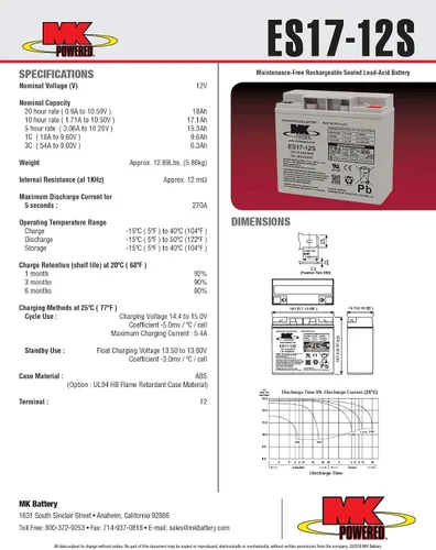 Vista 2 de MK Battery ES17-12S Batería de plomo-ácido sellada recargable sin mantenimiento con terminal T2 Faston