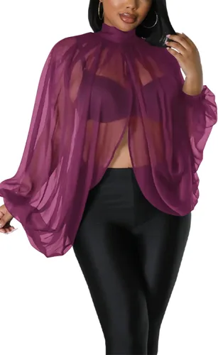 Vista 7 de Tops Sexys para Mujer Fiesta Club Noche con Mangas de Murciélago de Gasa Transparente con Lazo Trasero en la Parte Frontal Camisas de Mujer Casuales
