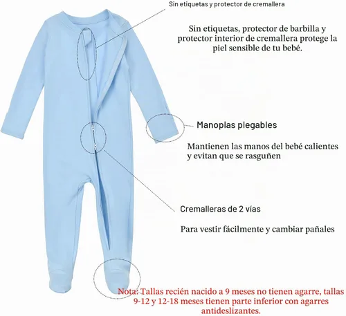 Vista 4 de Aablexema Pijama de bebé de algodón con puños de manopla, doble cremallera Azul/Gris/Rayas