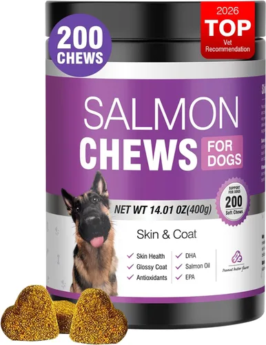 Vista 10 de Suplemento de Omega 3 para piel y pelaje para perros 200 masticables, suplementos de aceite de pescado para perros con ácidos grasos EPA y DHA
