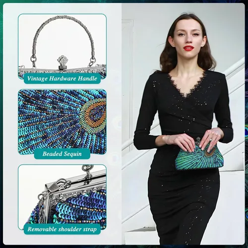 Vista 4 de UBORSE Bolsos de embrague de noche de pavo real con lentejuelas con cuentas Bolso de noche vintage Bolso de boda de fiesta de 1920