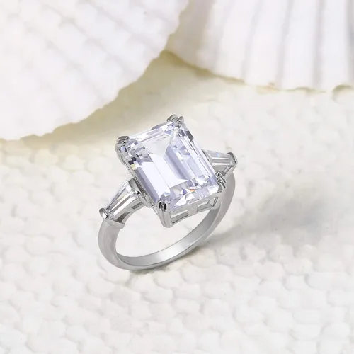 Vista 8 de Anillo de compromiso de plata de ley 925 chapada en oro amarillo de 14 quilates circonita cúbica AAA corte esmeralda estilo Art Deco para mujer