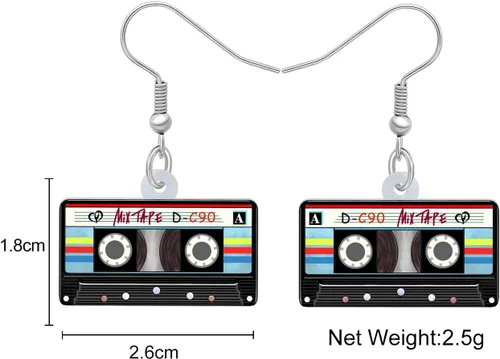 Vista 5 de Aretes vintage con cinta de casete colgantes, fonógrafo, retro, joyería de televisión, nostalgia de los años 90 y 80, accesorios para mujer