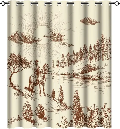 Vista 27 de Cortinas opacas retro de vaquero occidental para dormitorio, estilo rústico, cactus, salvaje oeste, vaquero, paseo, caballo, con ojales, aislamiento